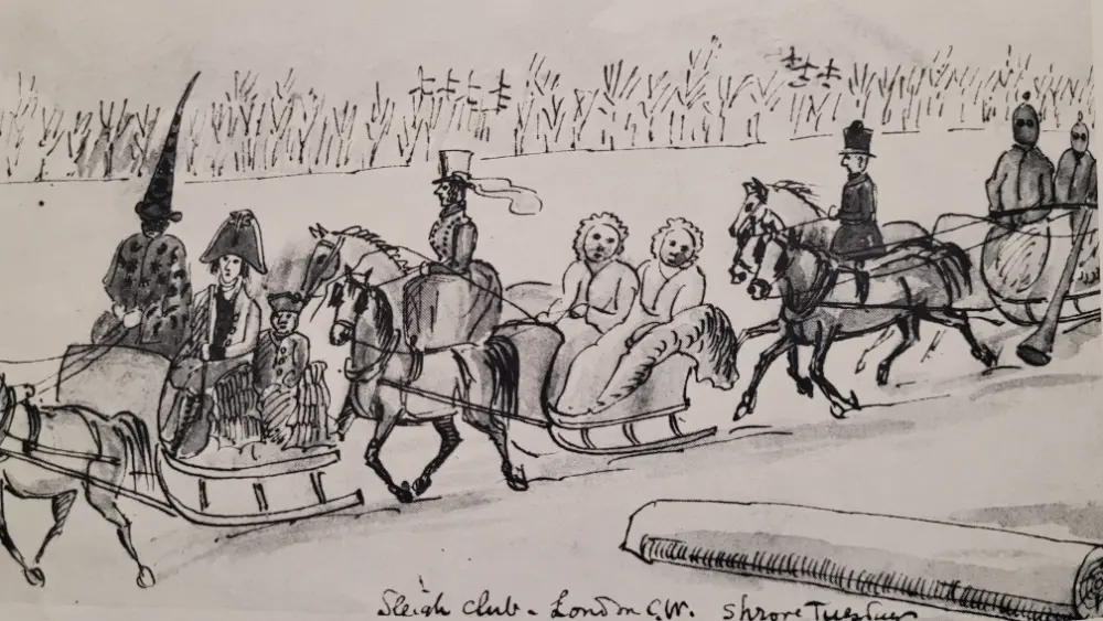 1843 sketch of young officers of the British Garrison riding with their female guests on a Sleigh ride.