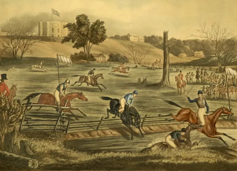 1843 painting of the first grand military steeplechase held in Canada, which took place on May 9, 1843, on the river flats at the forks of the Thames River.