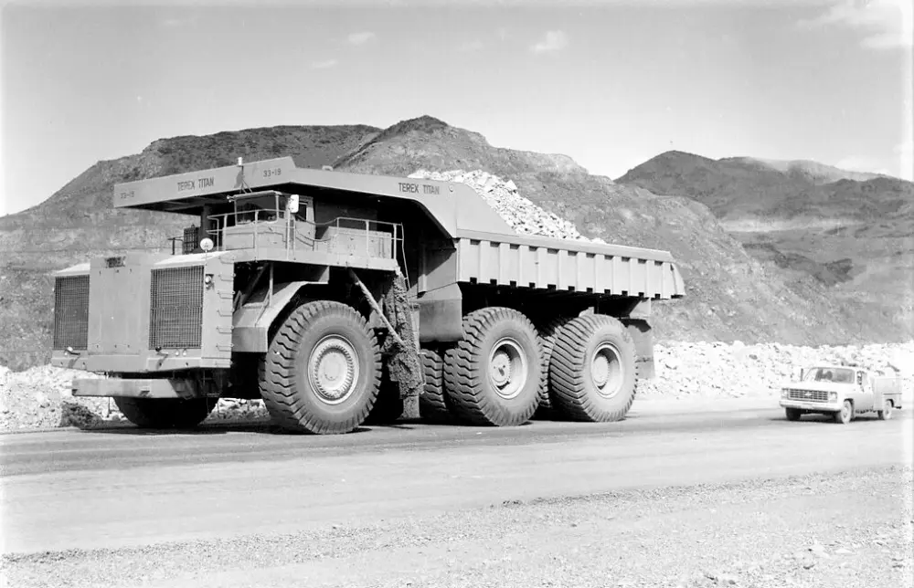 Terex Titan dwarves smaller vehicles next to it.