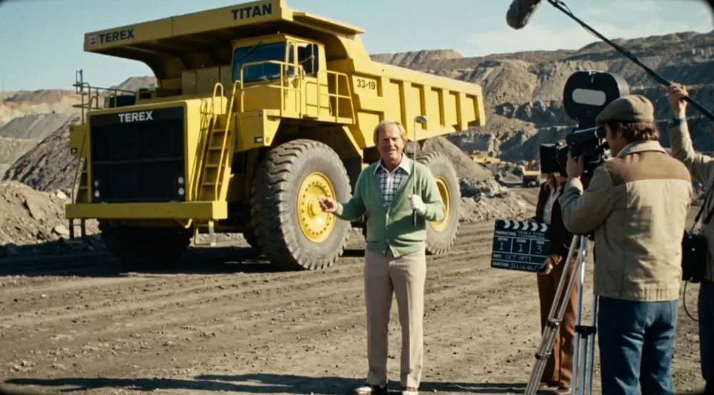 Jack Nicklaus shooting a Terex Titan TV commercial on location in Eagle Mountain, California, 1977.