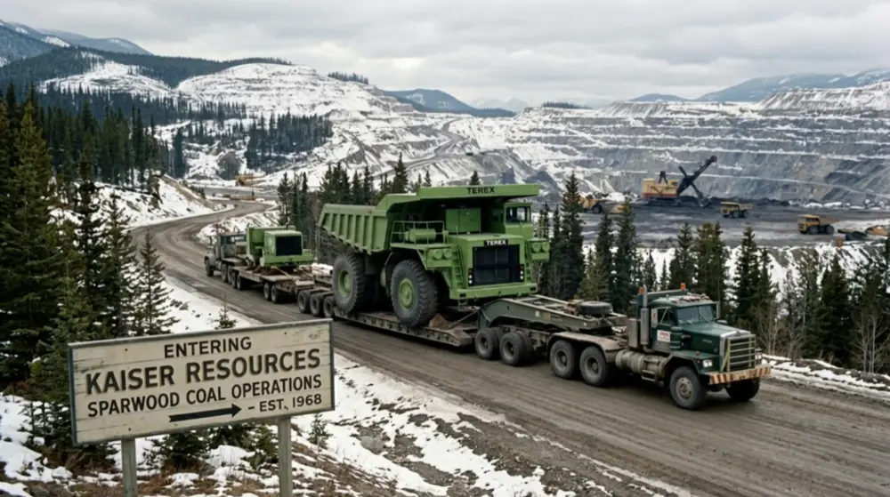 Terex Titan arrives at Sparwood, B.C. on a flatbed truck.