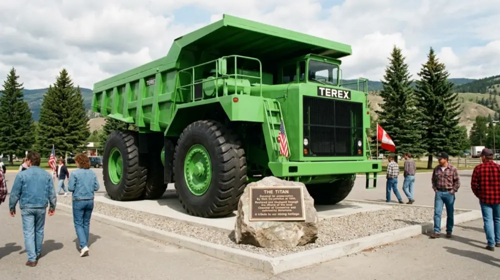 The Titan (minus the engine) was repainted lime green, then put on display in Sparwood, B.C.