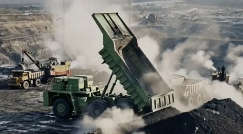 Terex Titan with its dump box raised 56 feet in the air.