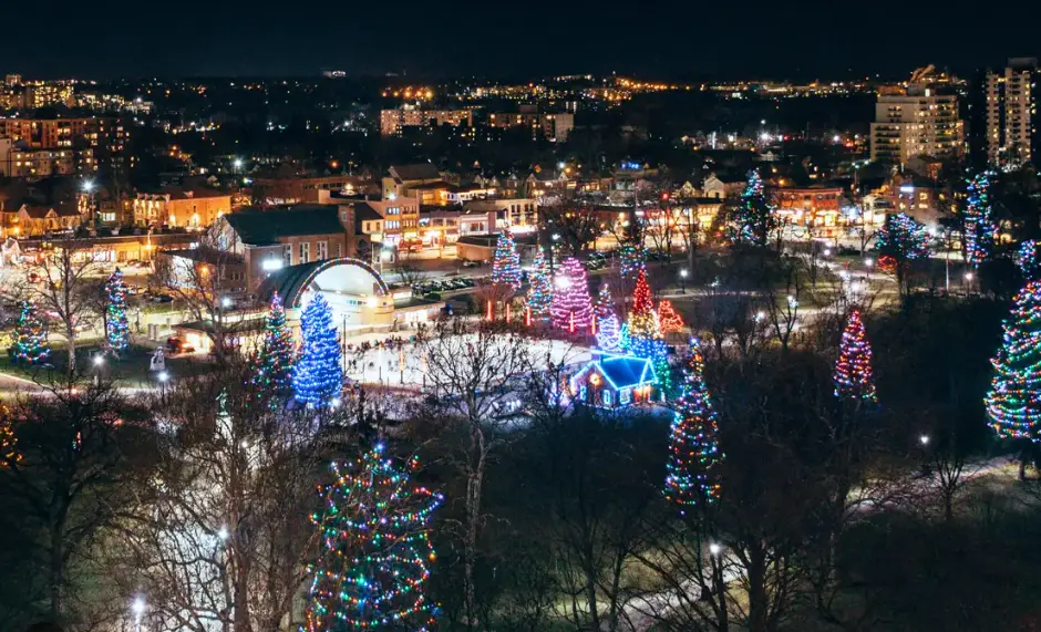 Night view of Victoria Park at Christmas time, as seen from City Hall. 