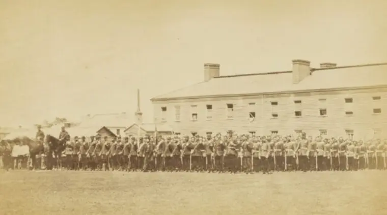 Members of the 7th Battalion Infantry on the parade grounds of what is now Victoria Park, 1866.