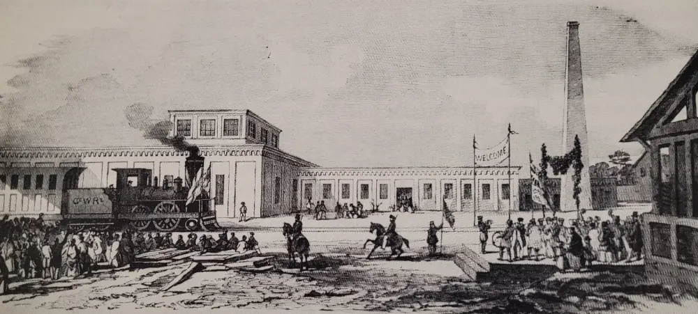 Illustration showing the arrival of the first Grand Trunk Railway train in London in 1853.