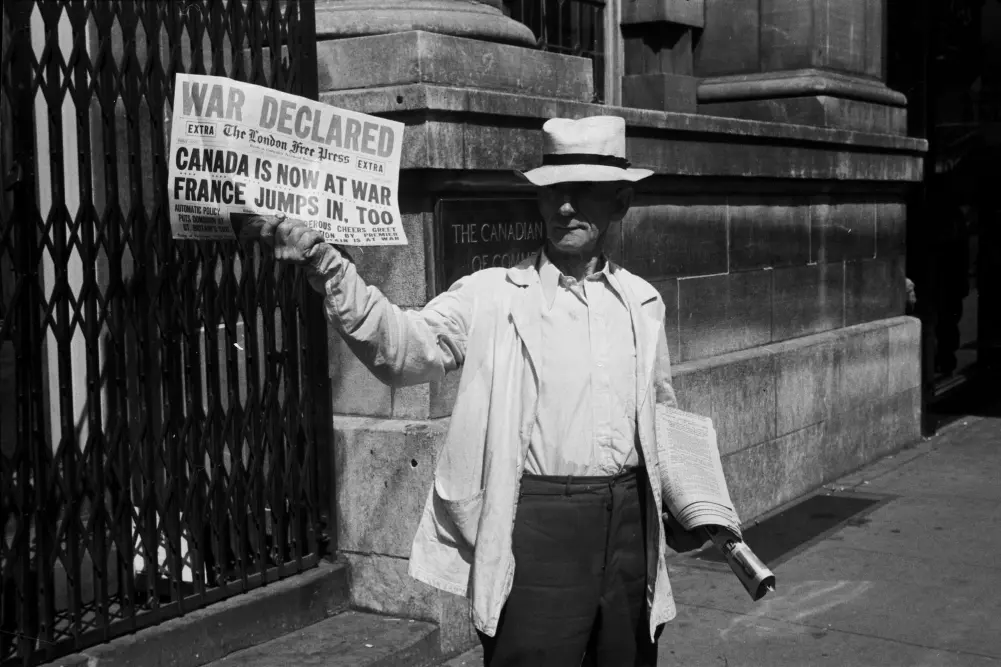 Newspaper announces that Canada declares war on Germany, Sept 10, 1939.