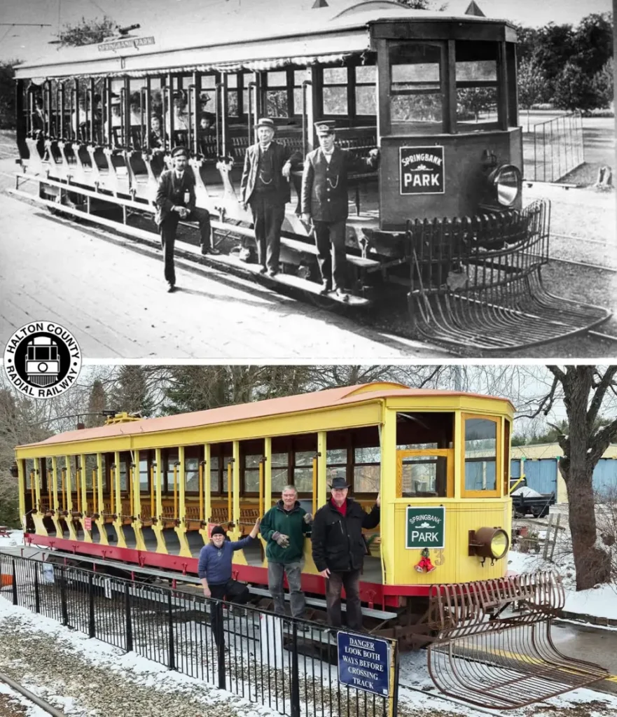 Two photos showing LSR Car #23, one c. 1920, one in 2025. The second photo is a re-creation, showing similar poses of the three people in both photos.