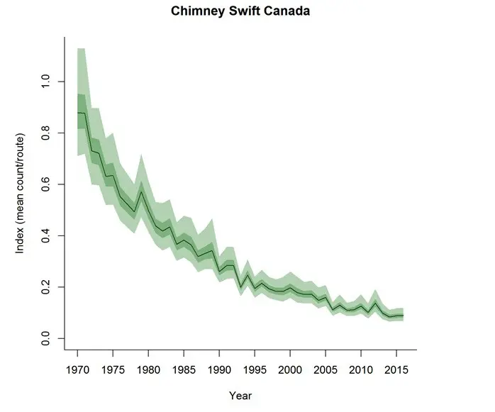 Chart showing the decline of chimney swifts in Canada (1970-2015).