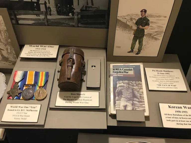 Display case showing military memorabilia.