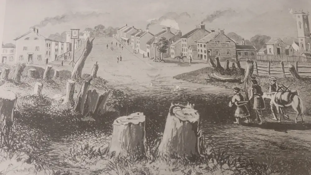 Early drawing of Dundas Street in 1842 with stumps showing.
