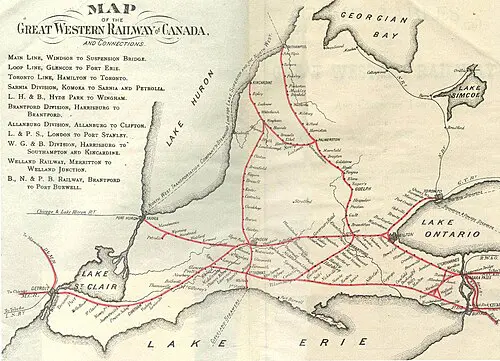 A map of the Great Western Railway in Ontario, Canada, as it was at its height in 1879. 