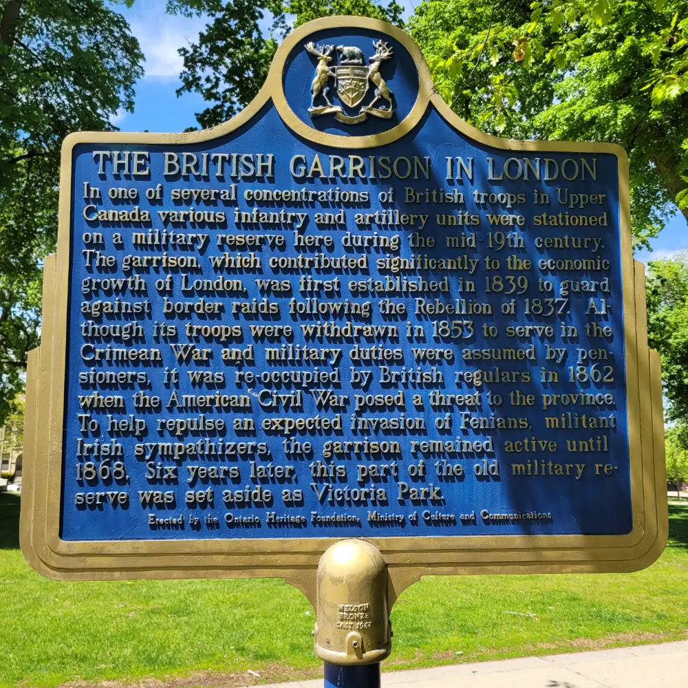 Heritage plaque at the north end of Victoria Park, explaining the British Garrison in London..