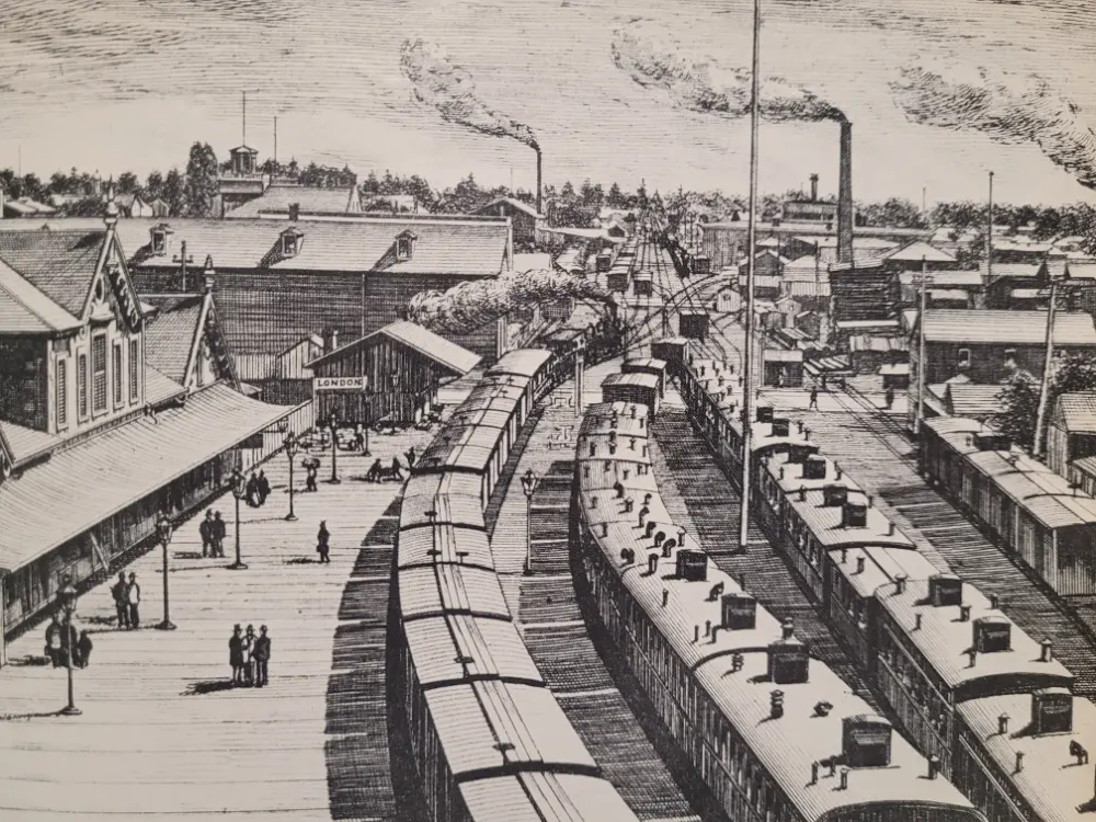 Illustration showing the GWR train station on York Street in London in 1875.