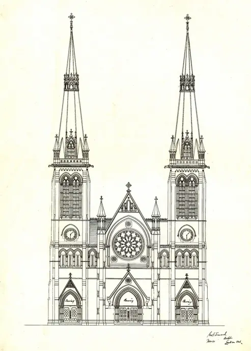 Proposed architectural drawings for St Peter's Cathedral in 1880 included two tall spires.
