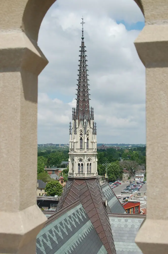 Looking northward, a stunning rooftop shot of the highly decorative spire.