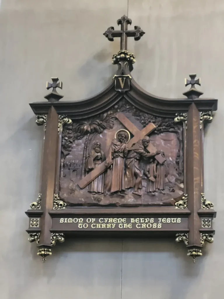 One of the twelve hand-carved wooden stations of the cross.