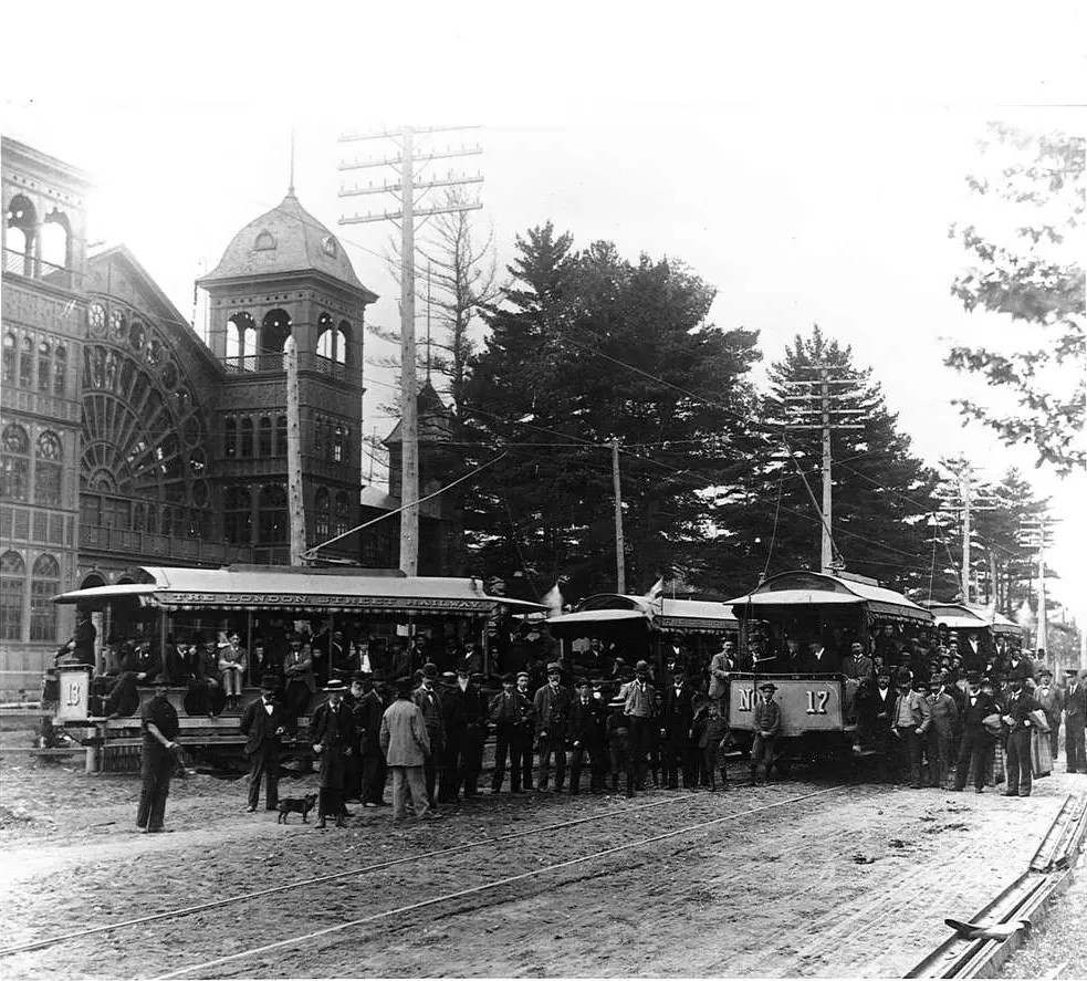 Crowds of people on streetcars at Western Fair, 1895.