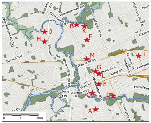 Map showing locations of brick chimneys in London, Ontario suitable for monitoring swifts.