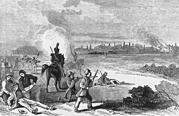 Illustration of the Battle of Montgomery's Tavern in Toronto, 1837.