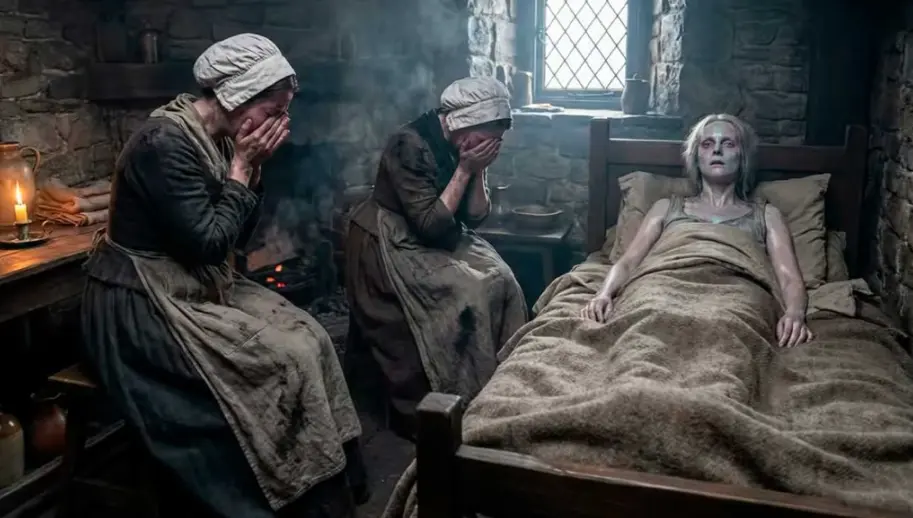 Two women in 1832 mourning over the death of a young woman in bed with cholera.