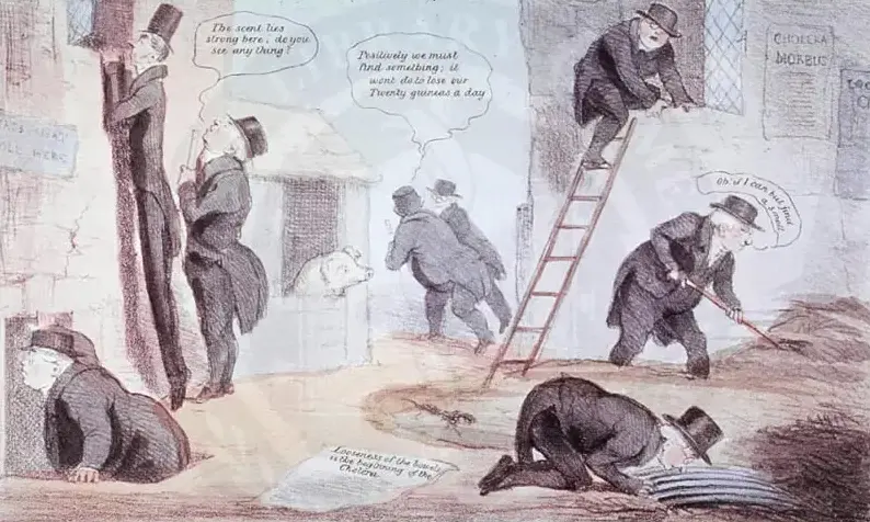Cartoon depicting the London Board of Health in the United Kingdom looking everywhere, for the source of cholera, with no success