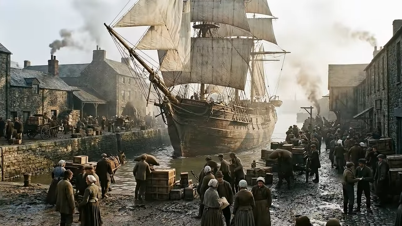 Sailing ship arrives at the port of Quebec City in 1832.