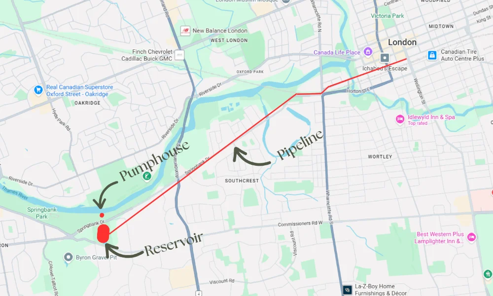 Map showing the 1878 Waterworks Plan to get water from the reservoir to London via a pipeline.