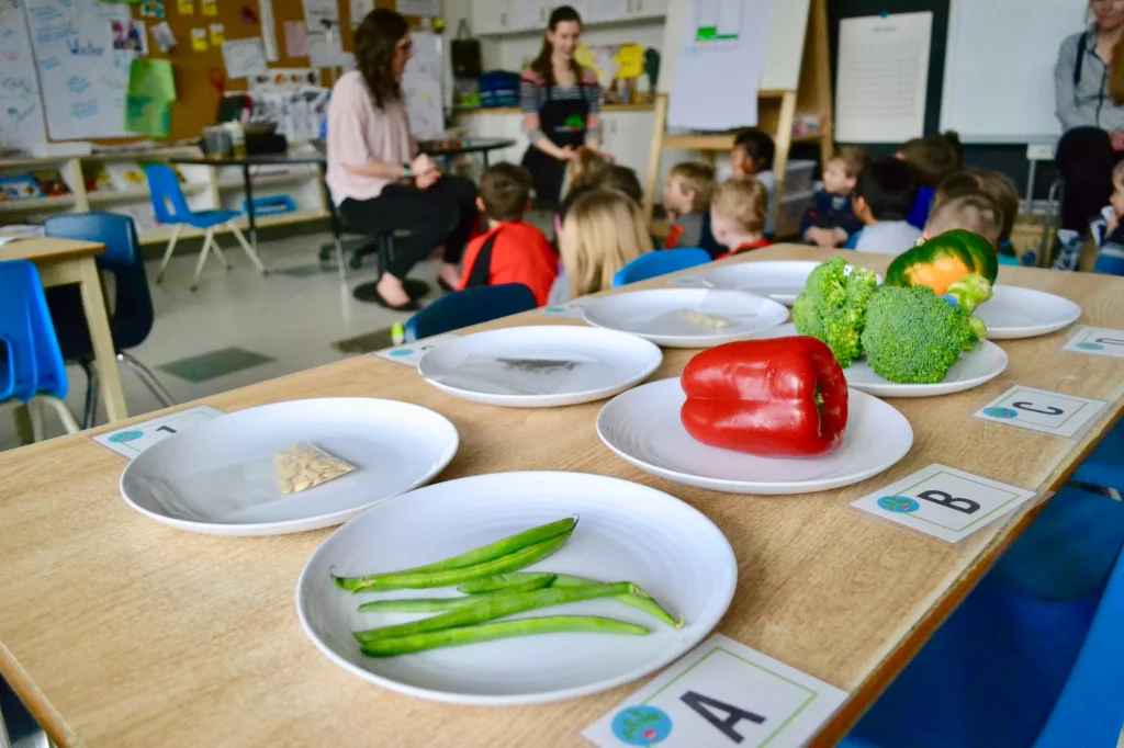 Kindergarten children receiving age-appropriate instruction on fruits and vegetables.